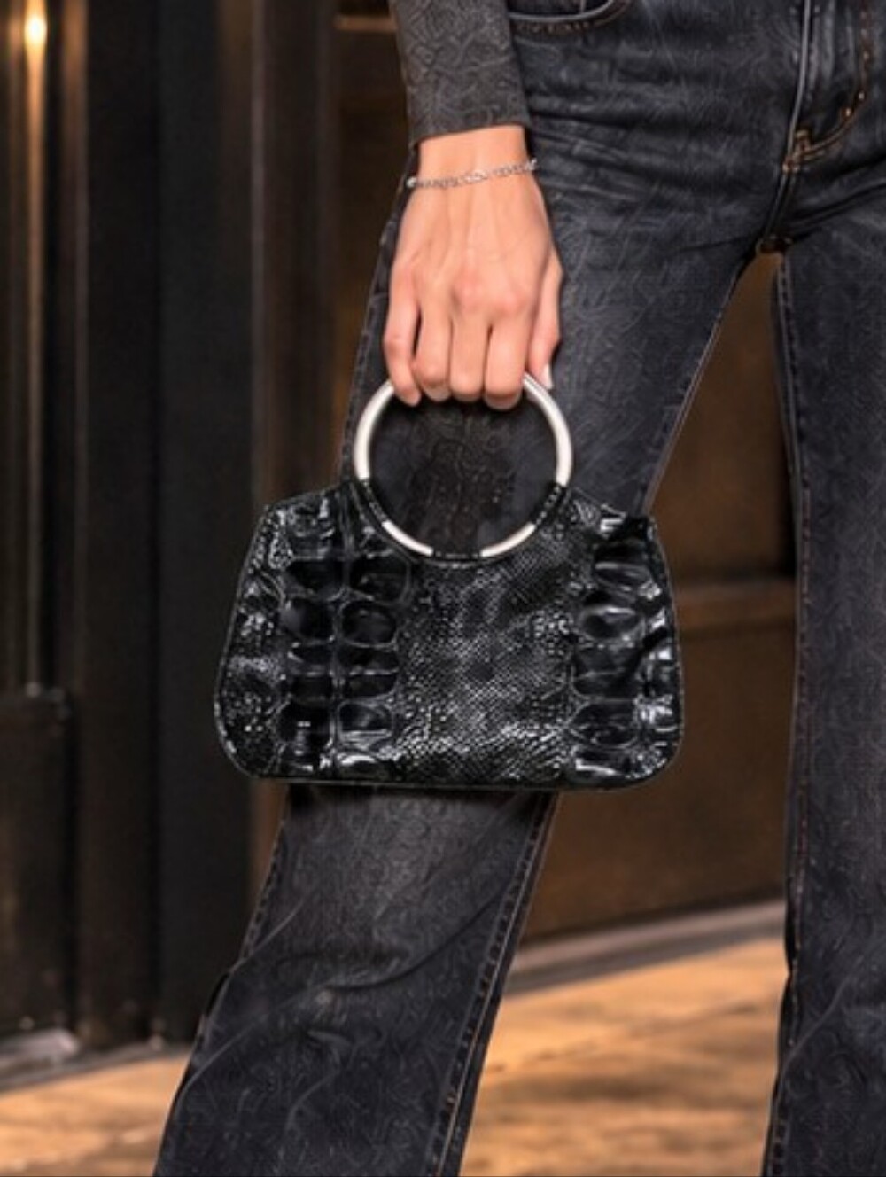Y2K Black Faux Croc Patent Ring Handle Handbag Silver Hardware